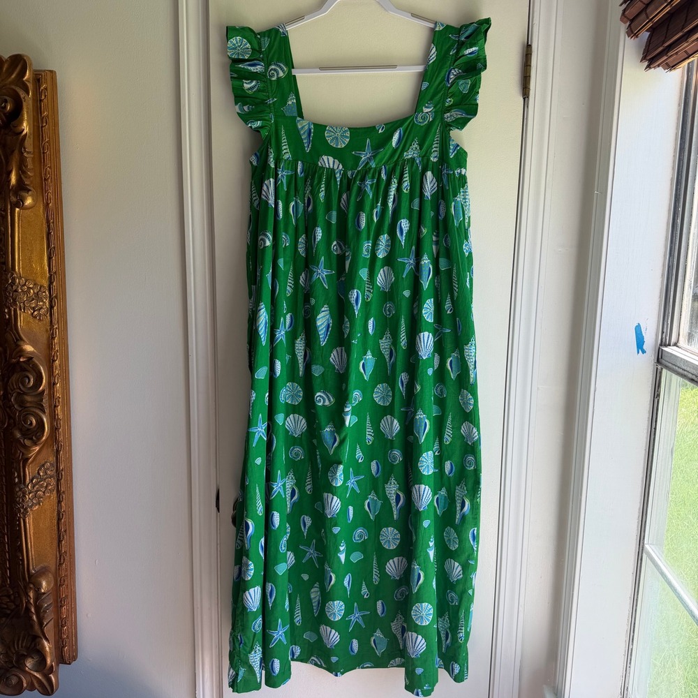 Printfresh Green Seashell Organic Cotton Ruffle Midi Dress Womens Large L